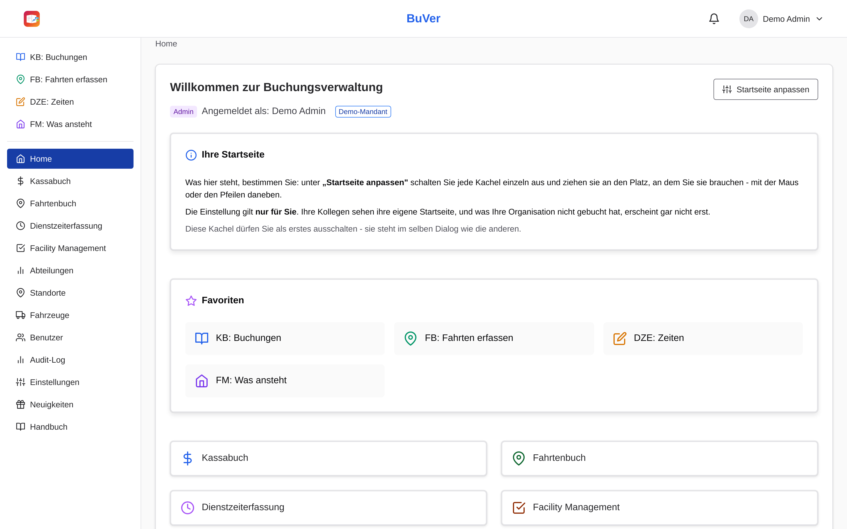 Die Startseite von BuVer am Rechner: Seitenleiste mit allen Modulen, Kacheln für Favoriten und Module